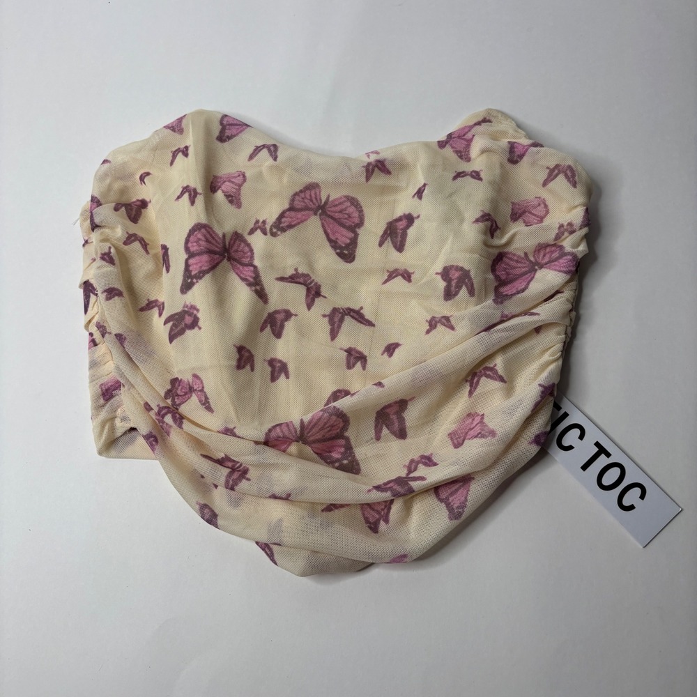 NWT Tic Toc Butterfly Print Mesh Ruched Corset Top Cream Pink M Fairy Core Y2K‎